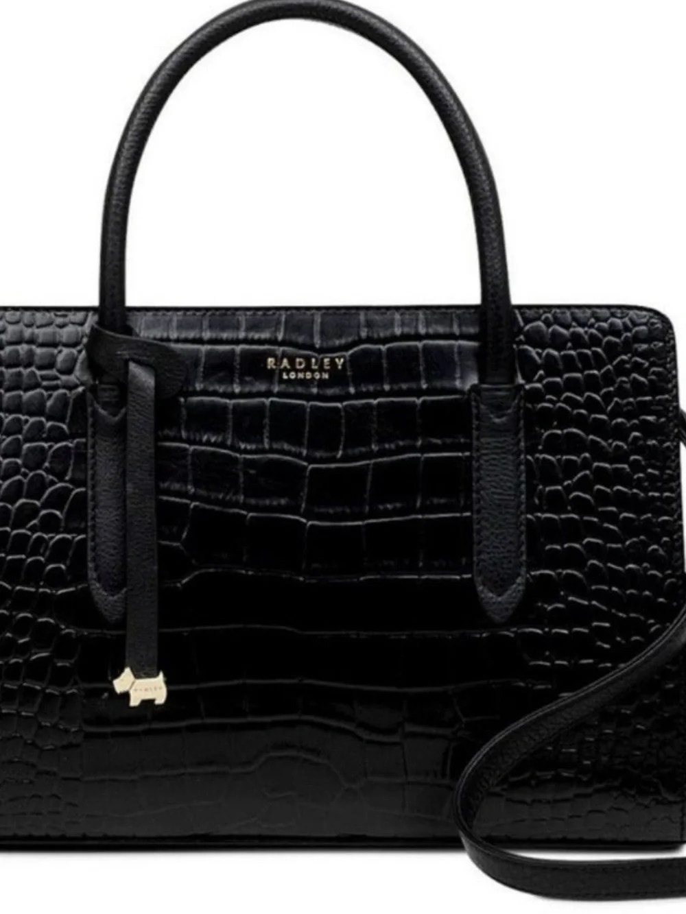 RADLEY LONDON Black Croc-Embossed Satchel with Gold Hardware w/crossbody strap